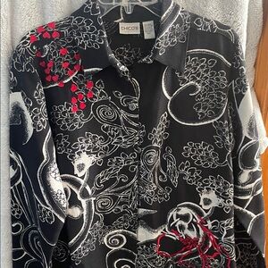 Chico's Black & White Swirl Print jacket with Red Accents